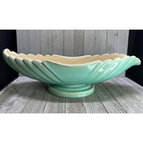 Vtg Weller Pottery Turquoise Blue Footed Bowl Shell Scalloped Design 18" Long - Picture 2 of 16